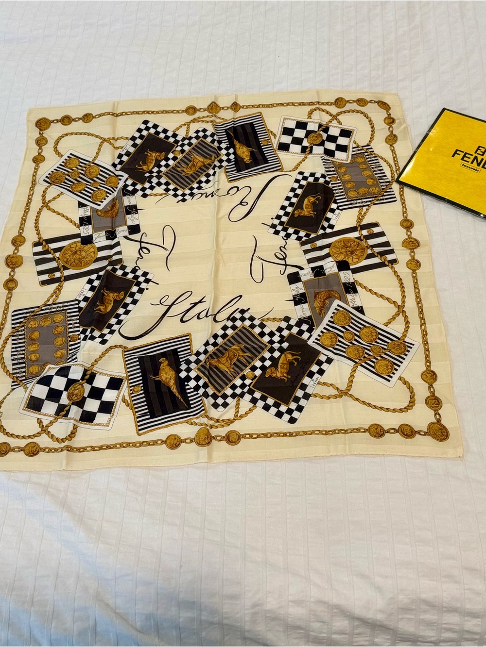 Fendi Cream, Black & Gold Large Handkerchief Motif Scarf